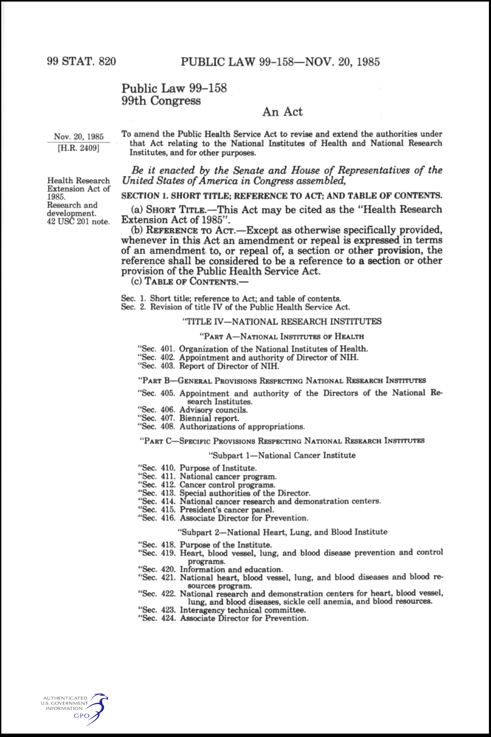 First Page of the Health Research Extension Act of 1985