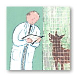 [Man In Lab Coat With Dog In Cage]